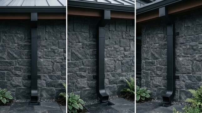 Modern Matte Black Downspout Attached to a Stone Exterior Wall