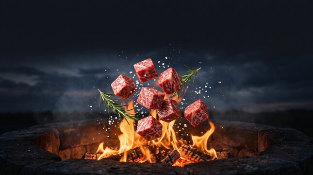Raw beef cube rosemary salt fall into stone fire pit with bright flame under dark evening sky prepare meal