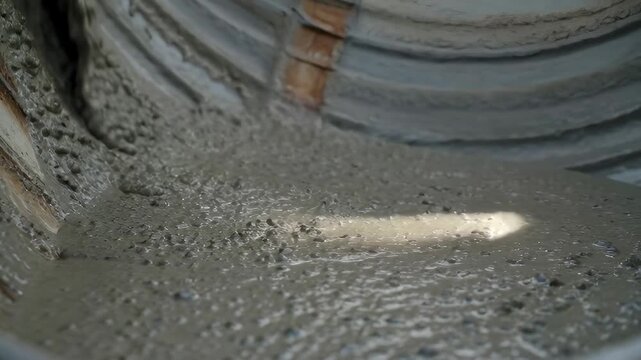 Wet concrete mix in drum, construction material, industrial process, close view of gray texture and rough surface at work site