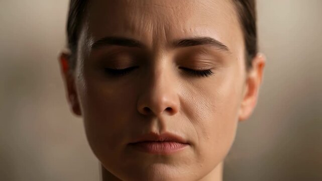 Woman face closed eye forehead brow skin portrait closeup calm serious emotional expression natural soft light female face