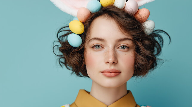 Portrait of woman with Easter decorations and blank space