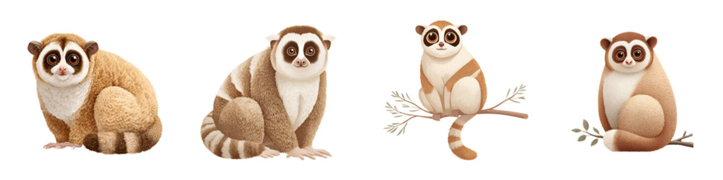 Cute Loris Set: Adorable Tropical Primates on White