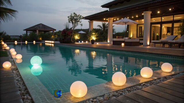 Floating illuminated orbs light up poolside at dusk