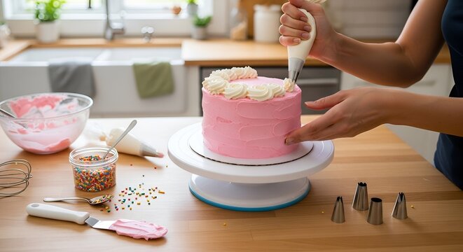 Skilled Baker Decorating Pink Layer Cake on Turntable in Bright Home Kitchen