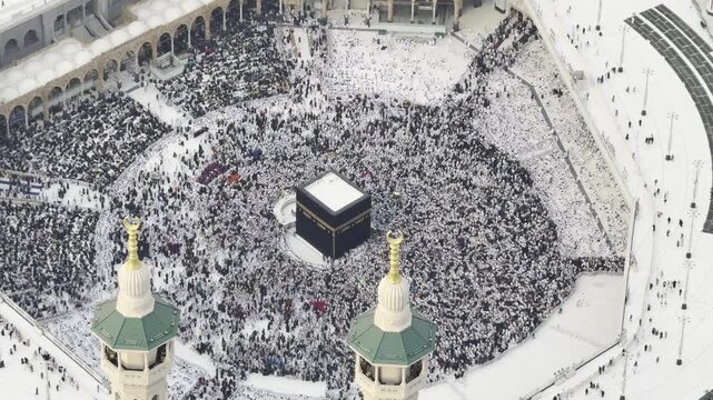 Muslim Pilgrims Performing Tawaf Around the Holy Kaaba in Mecca, Saudi Arabia, From an Aerial View