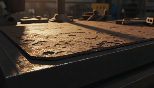 Close-up view of rustic, pitted metal plating with a rough texture, casting shadows in warm industrial light.
