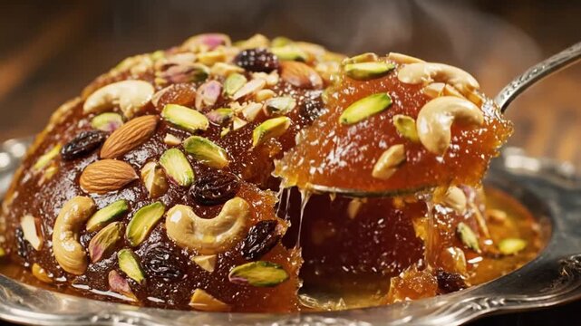 Traditional Middle Eastern Nut and Dried Fruit Halva Squares Served on Silver Platter