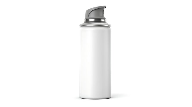 Blank white aerosol spray can with silver nozzle isolated on white bac