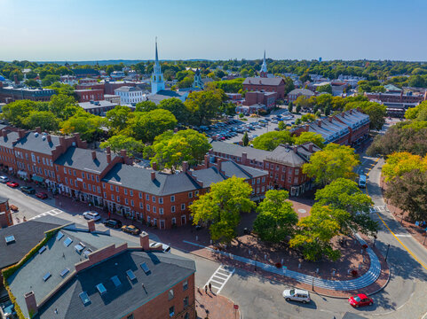 Newburyport historic downtown aerial view on Market Street, Newburyport, Massachusetts MA, USA.