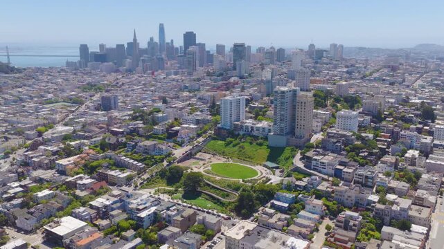 San Francisco Russian Hill Aerial Pullback With Downtown Skyline and Park