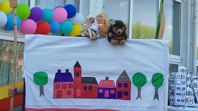 Drama pedagogy session with puppets for educational research, psychological development study, early childhood learning. creative storytelling, social behavior analysis, teacher training.