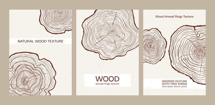 Tree trunk ring art. Set of luxury backgrounds with wood annual rings texture. Template hand drawn tree ring pattern. Tree trunk in section cover or card. Wooden concentric circles. Grunge background