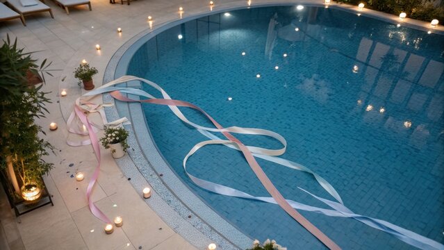 Poolside Decor with Floating Ribbons and Candles at Night