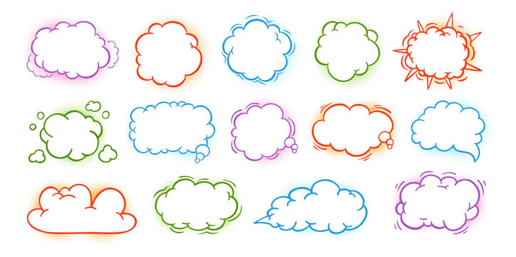 Pop art comic retro cloud of thought set. Onomatopoeia speech bubble dialog clouds, thought blobs, explosion effects. Vintage 80s 90s cartoon stickers for prints. Vector communication illustration
