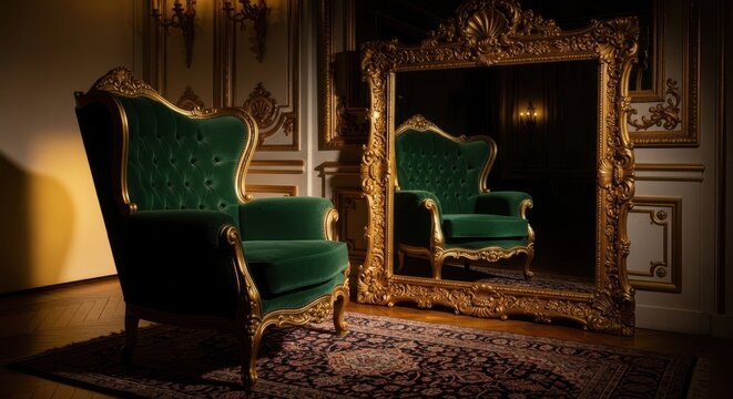 An opulent gilded Rococo mirror reflecting a lush green velvet armchair in an antique room setting