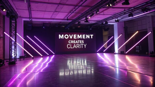 Purple studio stage with glowing diagonal lights and message