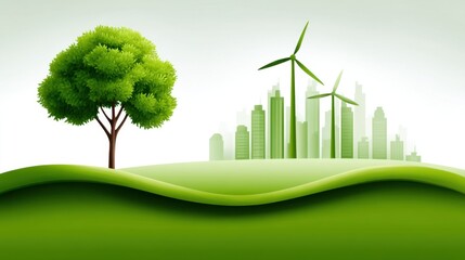 Obraz premium Vibrant Green Landscape with Wind Turbines and City Skyline Emphasizing Sustainability and Environmental Awareness for Eco-Friendly Concepts