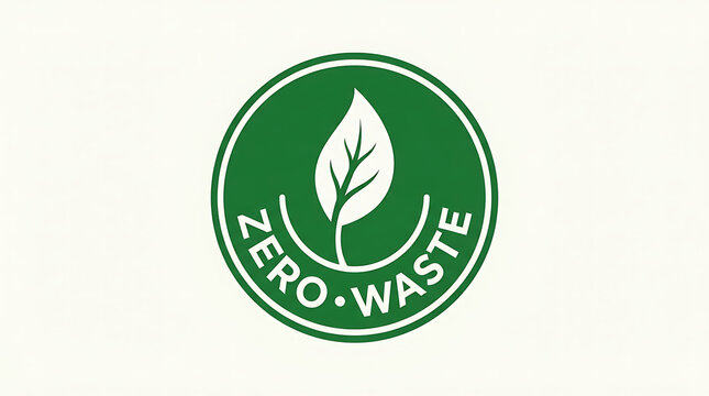 A green logo with a leaf and zero waste slogan on a circular sign