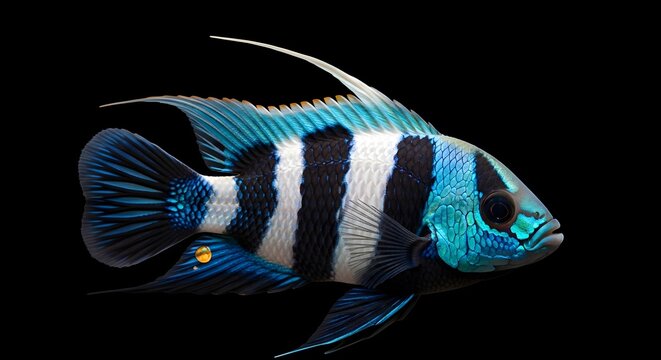 Striking Tropical Cichlid Fish with Bold Vertical Stripes Isolated on Pure Black Aquarium Background