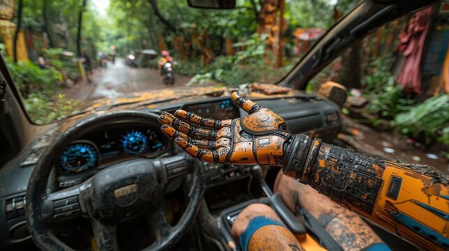 First-Person View Inside a Heavily Armored Post-Apocalyptic Vehicle Cockpit with Vines