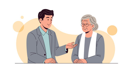 Fototapeta premium Man talking to elderly woman, intergenerational communication, support, discussion