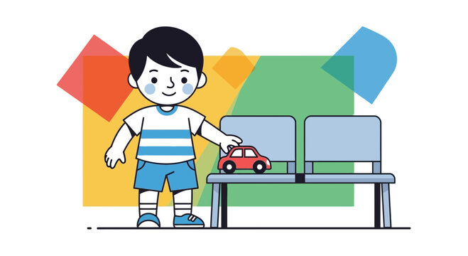 Happy Boy Playing with Toy Car on Waiting Room Bench, Colorful Shapes