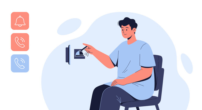 Man presses intercom button, bell and phone icons on side