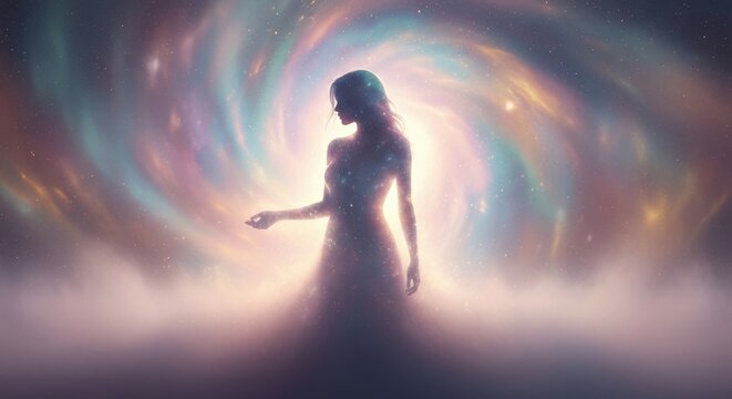 Silhouette of Woman in Cosmic Galaxy
