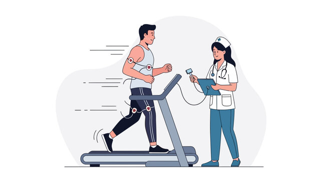 Man running on treadmill, monitored by nurse for fitness test