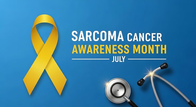 Yellow sarcoma cancer awareness ribbon with stethoscope and July text on blue background