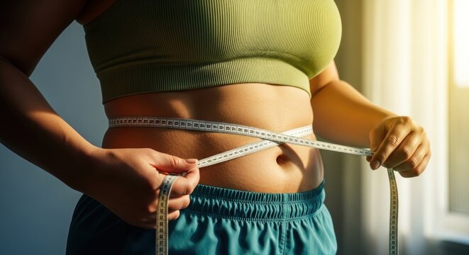 Woman measuring waist with tape.