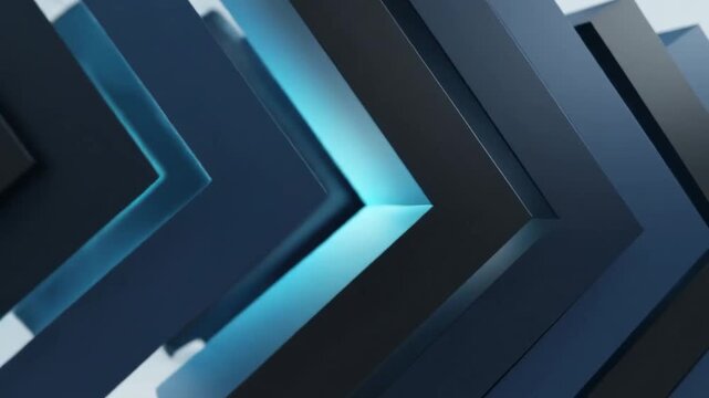 Futuristic 3D Chevron Motion with Dark Blue Geometric Arrows and Glowing Cyan Accents, Ideal for Corporate Tech Backgrounds.