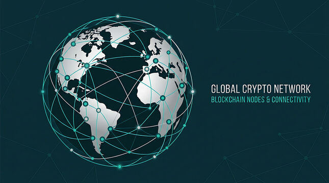 Global crypto network blockchain nodes connect worldwide on a map
