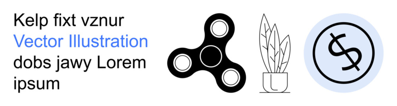 Business growth, relaxation tools, interior decoration, financial concepts, corporate aesthetics, entertainment. Black fidget spinner, outline plant and dollar symbol. Business growth and relaxation