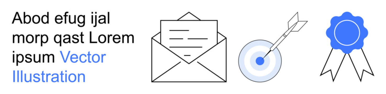 Email communication, business goals, certification, correspondence, achievement, and messaging. Envelope, arrow hitting a target badge. Email communication and business goals concept
