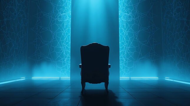 Dark futuristic office room with glowing alien planet landscape projection on wall