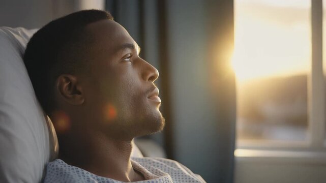 A young man in a bed looks thoughtfully out a window at the warm glow of the setting sun.