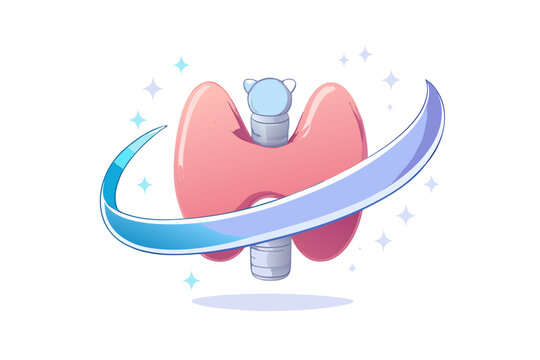 Healthy thyroid gland with trachea, glowing medical swoosh and sparkles, colorful endocrine health vector illustration isolated on transparent background.