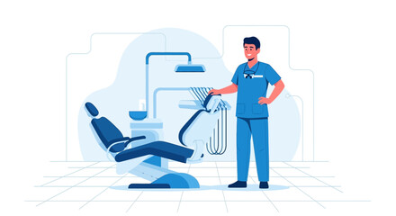 Fototapeta premium Smiling Dentist with Chair and Equipment - Medical Illustration
