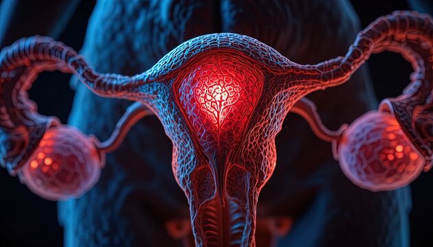 Human reproductive system is displayed with a glowing medical visualization against a dark background.