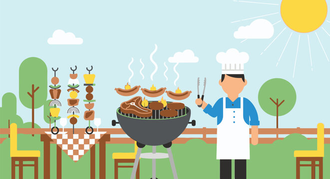 Man grills meat on barbecue at outdoor picnic with table and trees