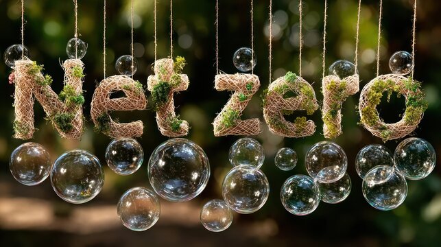 Decorative 'Net Zero' letters adorned with moss hanging outdoors amidst floating bubbles