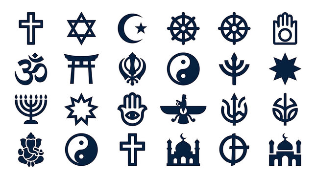 Various religious symbols arranged on a white background for reference