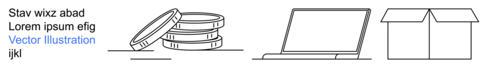 Business, technology, e-commerce, storage, packaging, digital finance. Stacked coins, open laptop and a box outline in a minimal line art style. Business and technology © robu_s