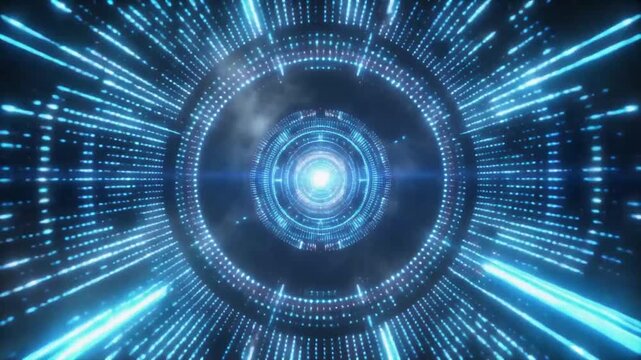 Futuristic digital tunnel with glowing blue lights and abstract patterns