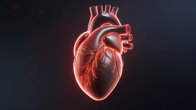 Realistic 3D illustration of a human heart with glowing veins