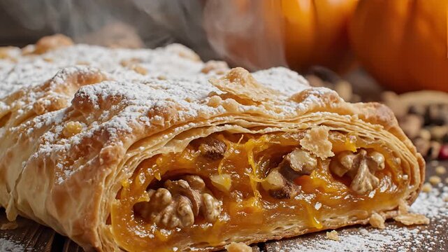 Delicious Pumpkin Walnut Strudel Dusted with Powdered Sugar.