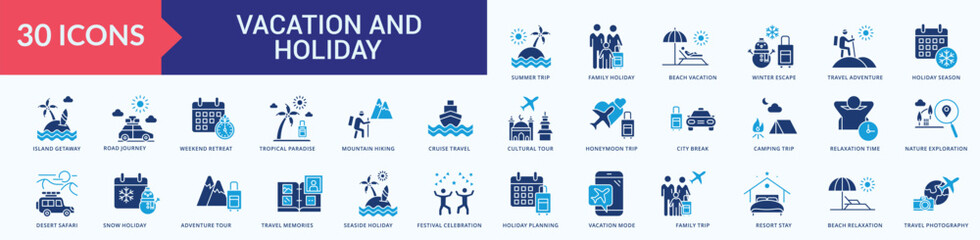 Naklejka premium Vacation Icon Set Illustration Vector Flat Blue Style with summer trip, family holiday, beach vacation, winter escape, travel adventure, 