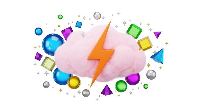 Colorful cloud with lightning bolt and geometric shapes