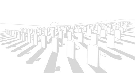 Obraz premium Row of gravestones in a cemetery at sunset, graphic illustration